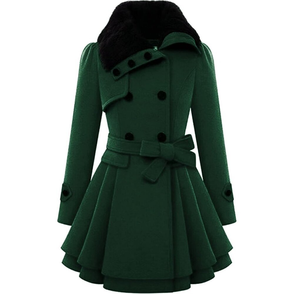 🆕Women's Dark Green Zeagoo Winter Trench Coat Faux Fur Lapel Double Breasted